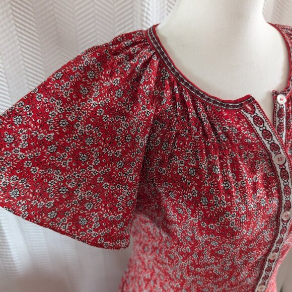 Max Studio Red Floral Tie Waist Midi Dress Side Slits XS/S Cottagecore Feminine - Picture 4 of 14